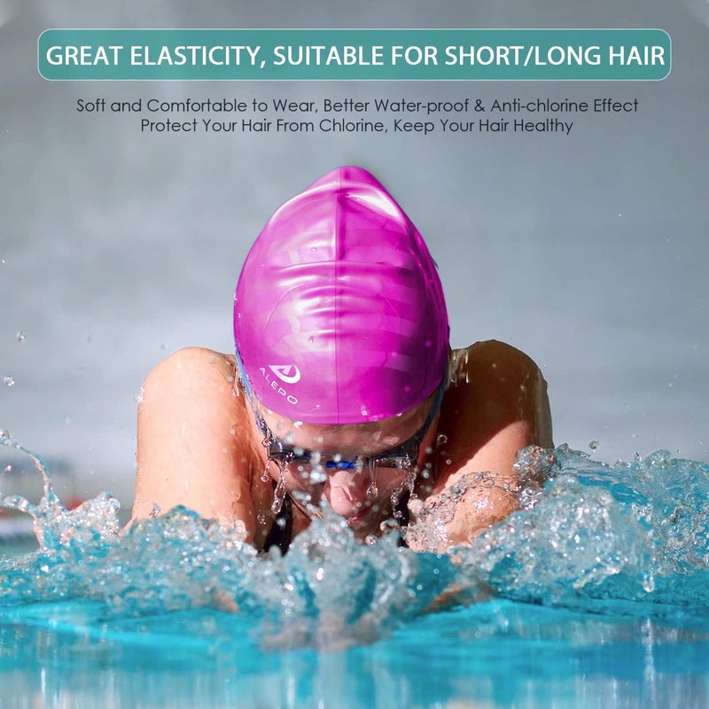 Alepo 2 Pack Unisex Swim Caps with 3D Ear Protection, Durable Flexible Silicone Swimming Hats for Women Men Kids Adults, Bathing Swimming Caps for Short/Long Hair with Ear Plugs&Nose Clip - Image 4